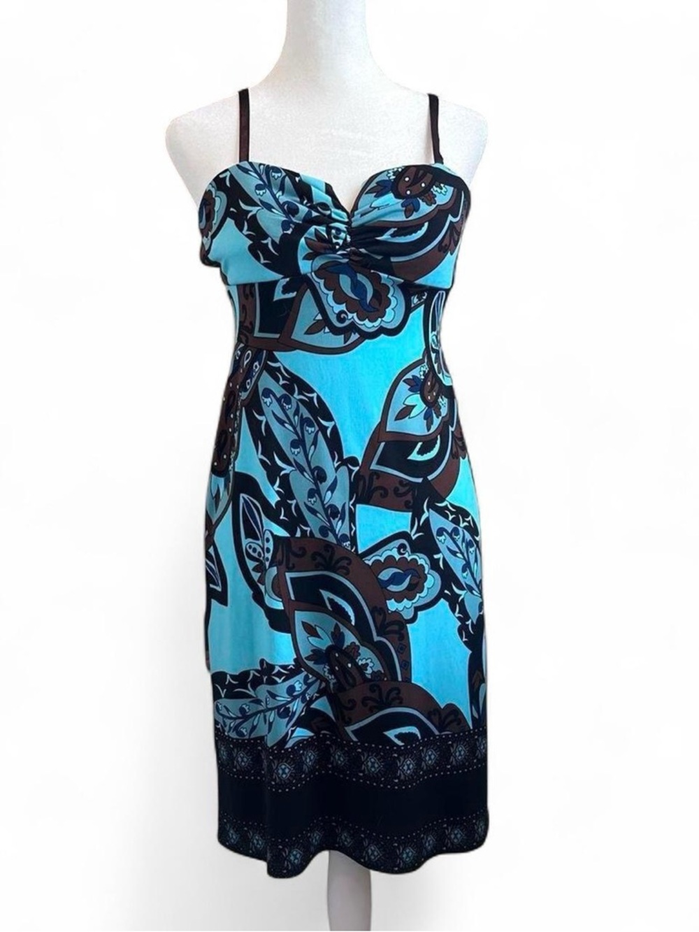 Y2K Snap Paisley Bodycon Mini Dress Turquoise Brown Ruched Bust Medium